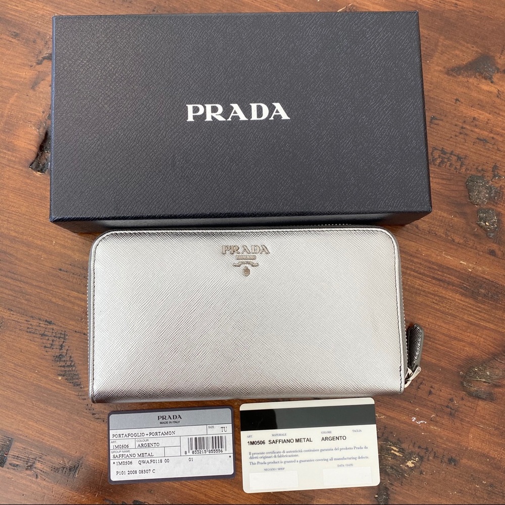 Prada Silver Saffiano Leather Zip Around Wallet